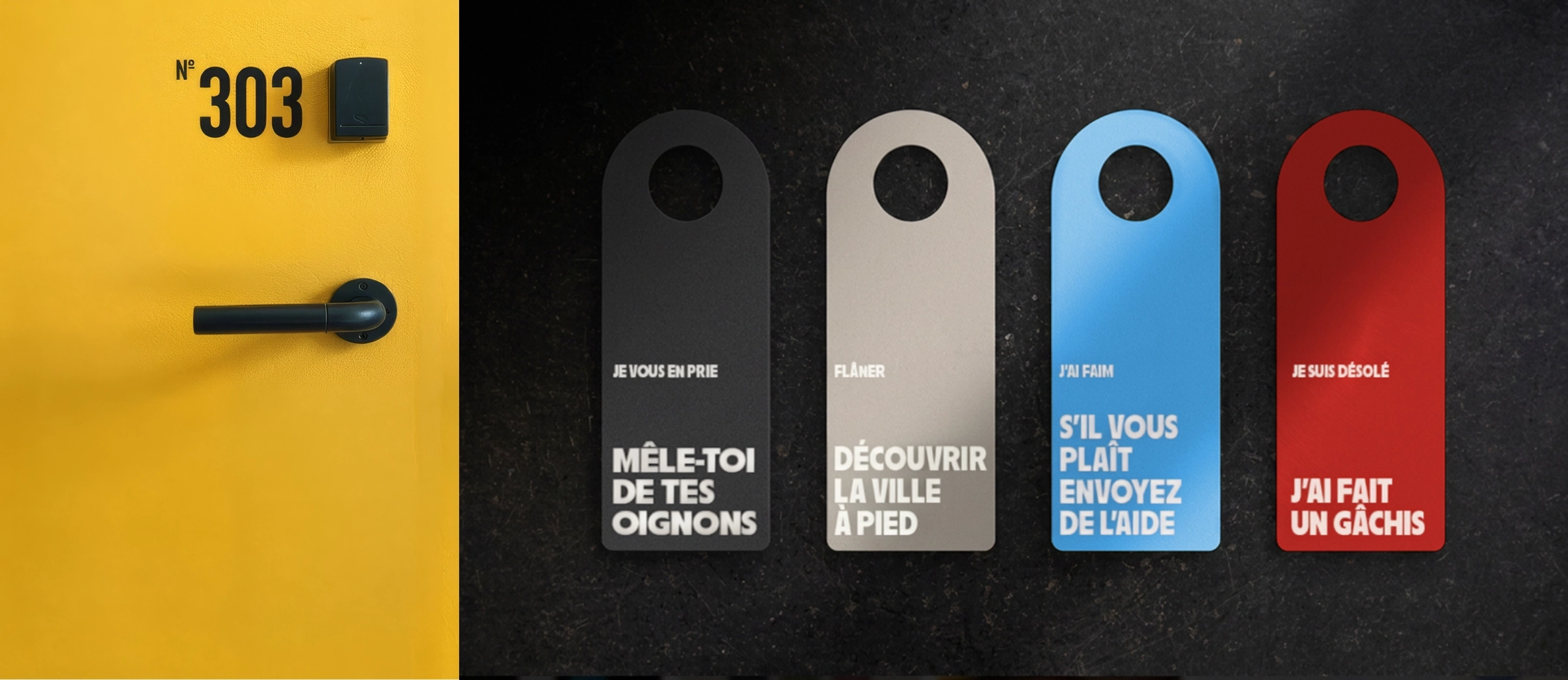 Yellow room door and four door hangers