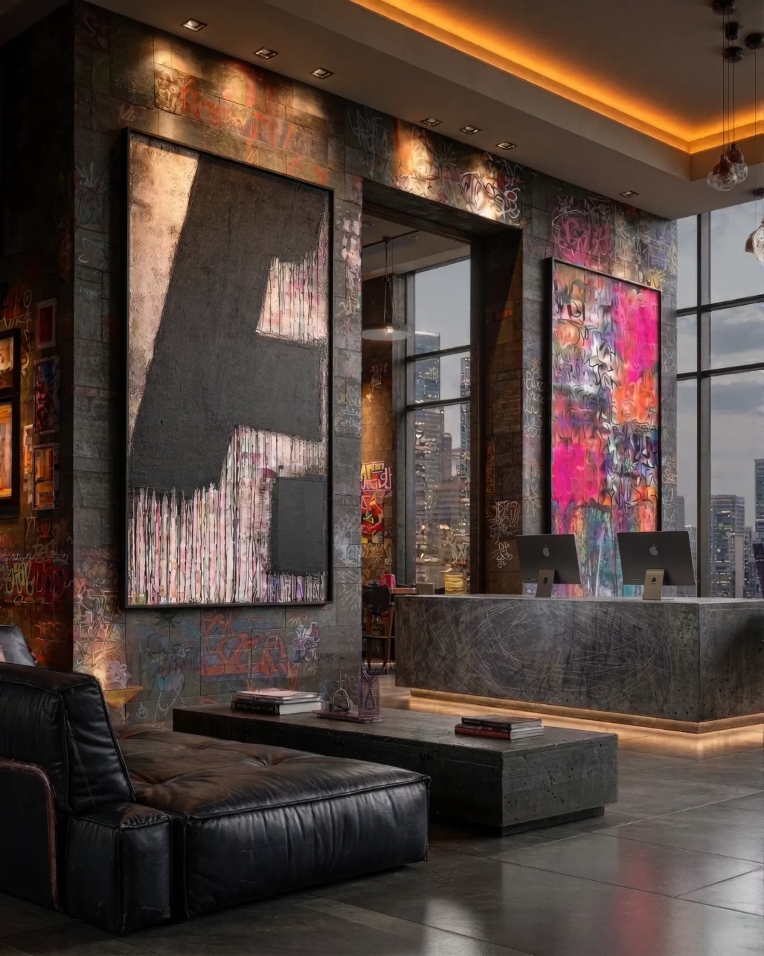 Hotel lobby with graffiti walls