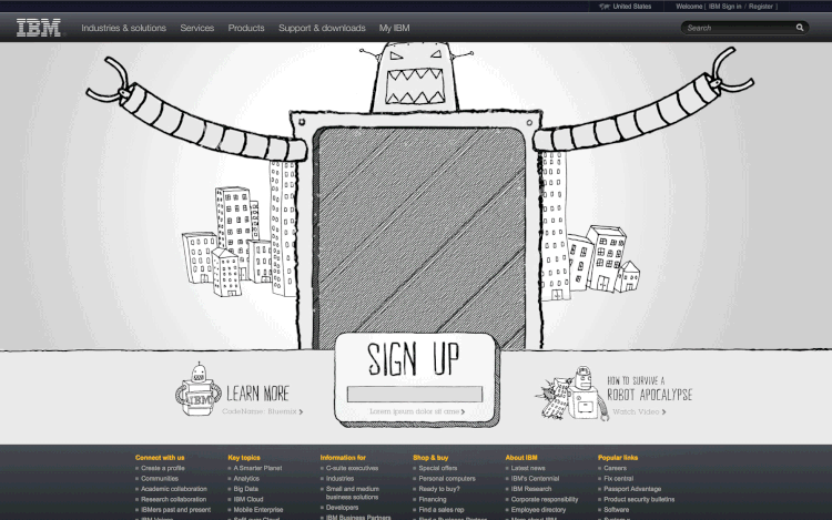 Animation: the BlueMix landing page, a robot above a Sign Up button
