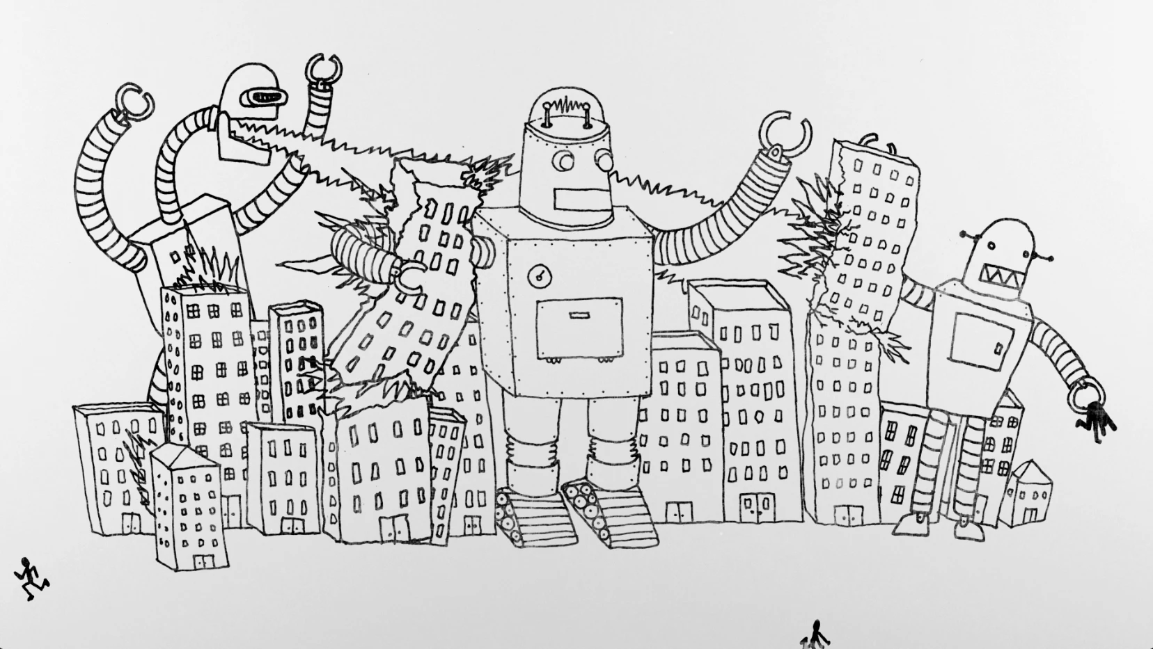 Hand-drawn giant robots tearing through city buildings while tiny people run
