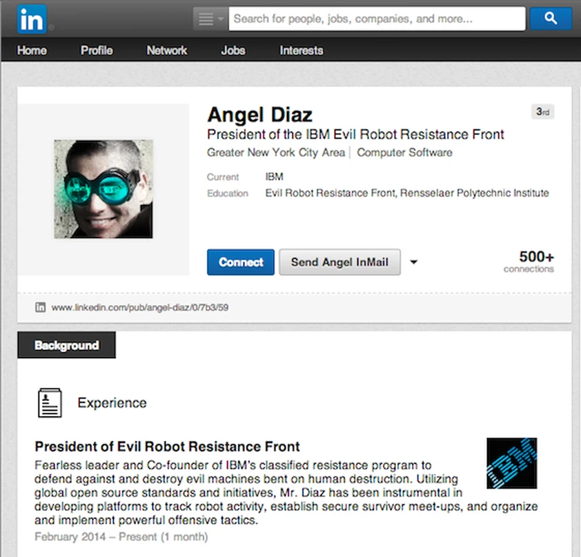 Angel Diaz LinkedIn profile, President of the Evil Robot Resistance Front