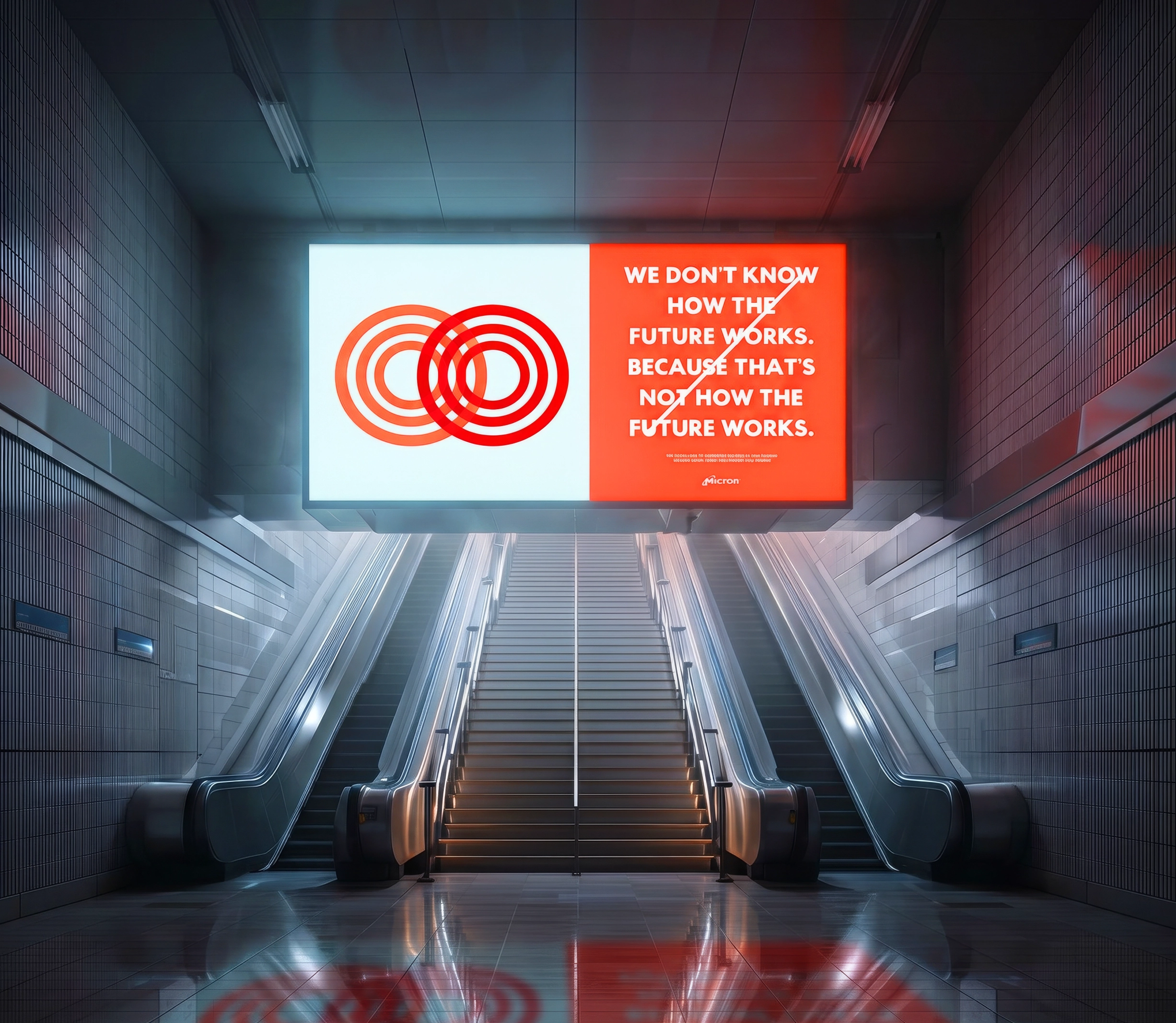 Micron “We don’t know how the future works” subway escalator billboard