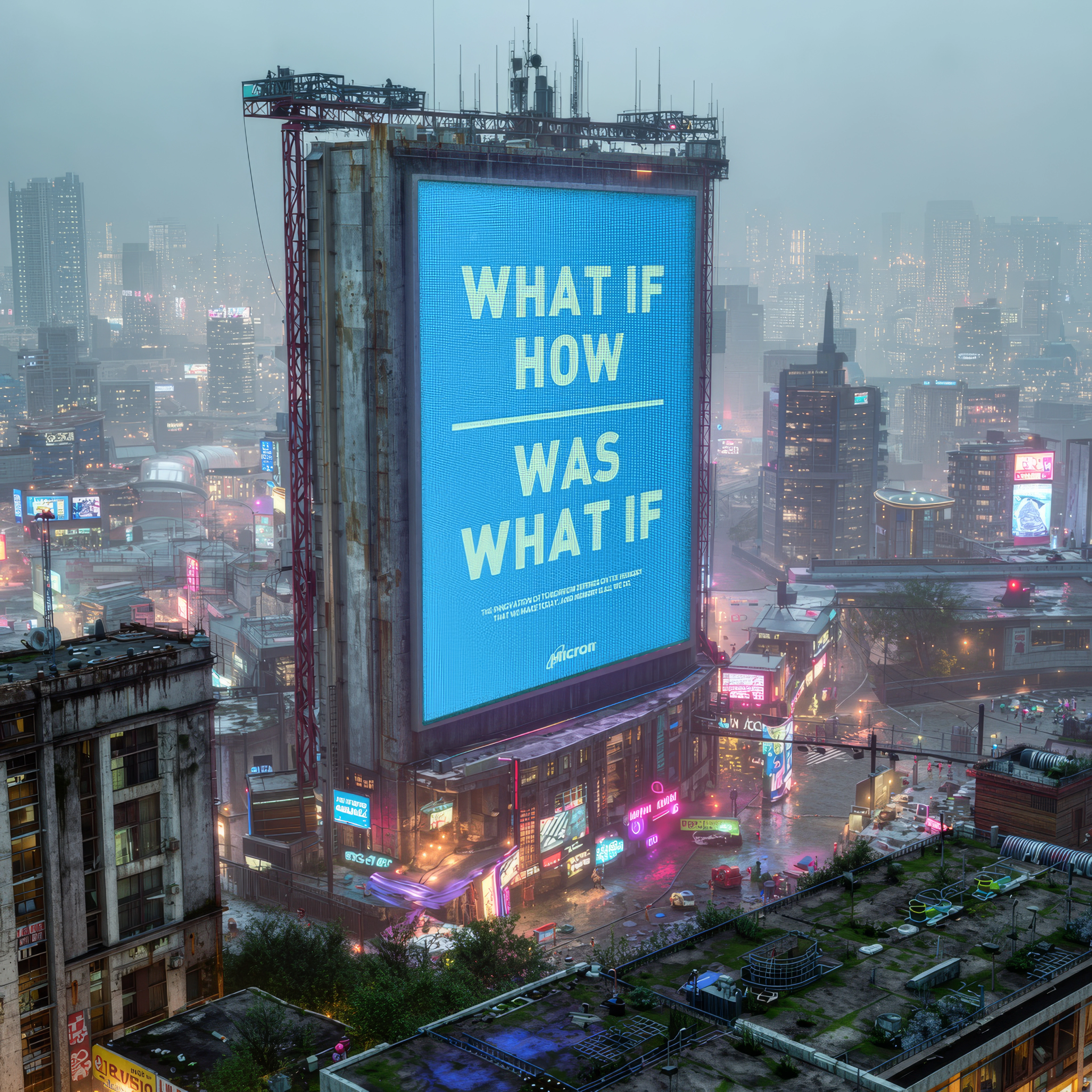 Micron “What if how was what if” billboard over a futuristic city