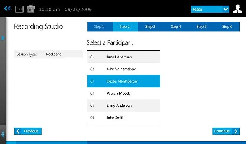 Recording studio sign-up screen