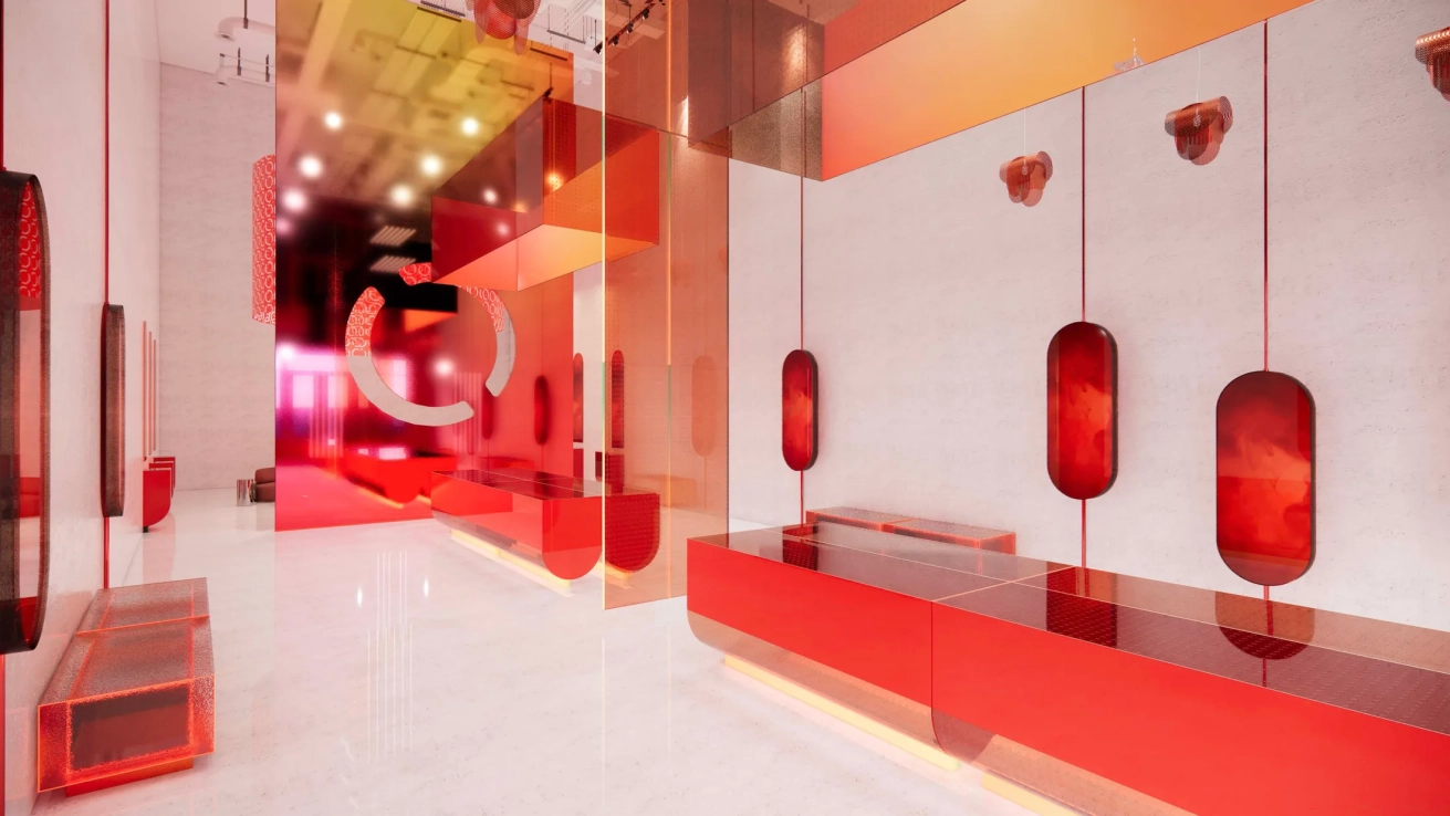 Red lobby with hanging lamps